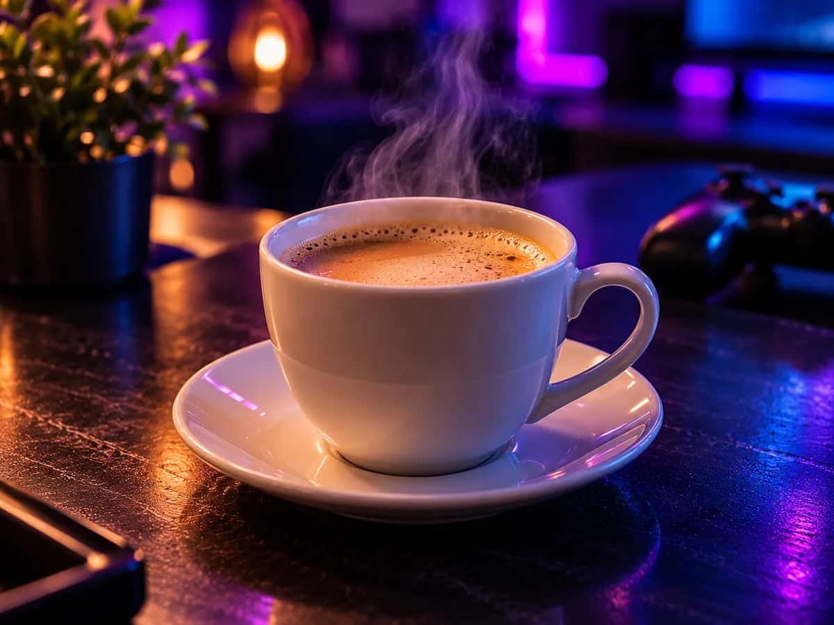 A cup of hot coffee on a saucer