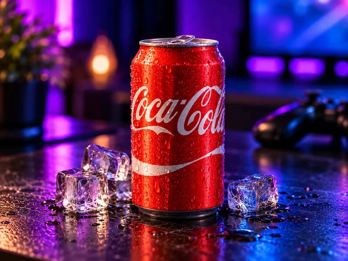 A chilled can of cola with ice cubes