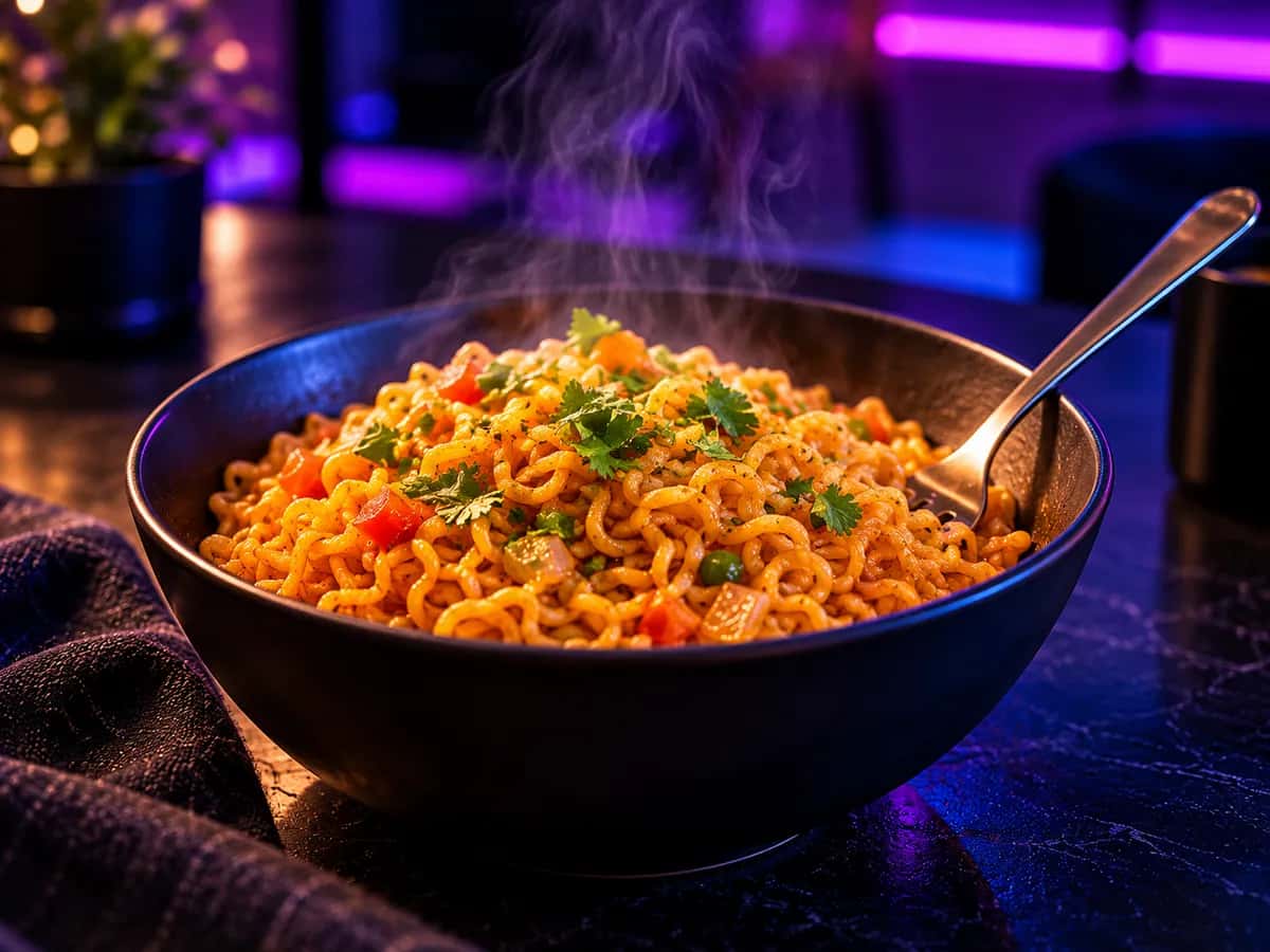 A steaming bowl of masala noodles