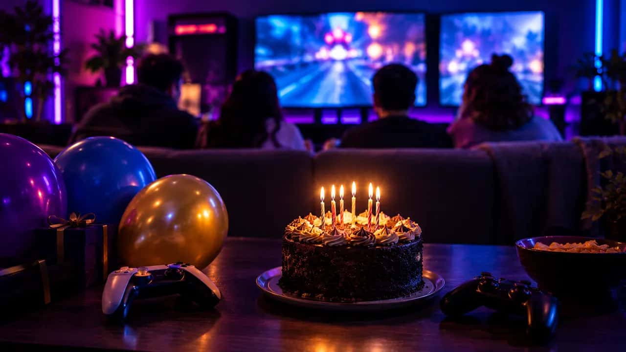 A birthday cake with candles and balloons, with friends gaming in the background