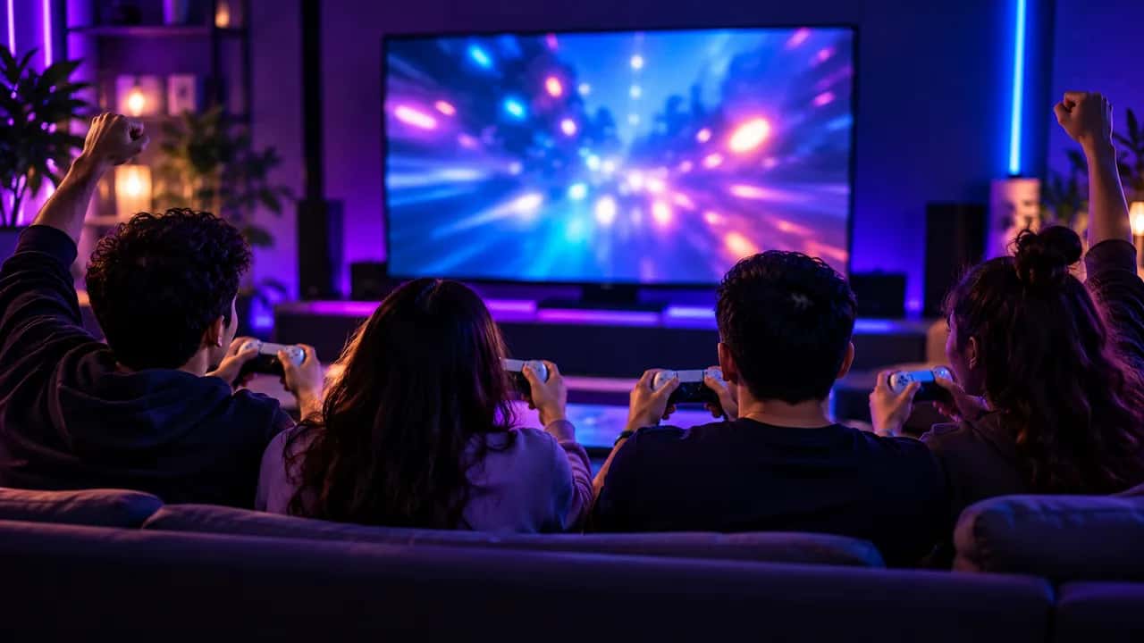 Four friends on a sofa playing a console game together, seen from behind