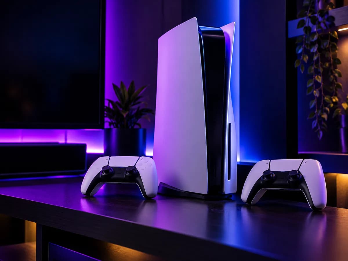 A white game console with two controllers on a shelf