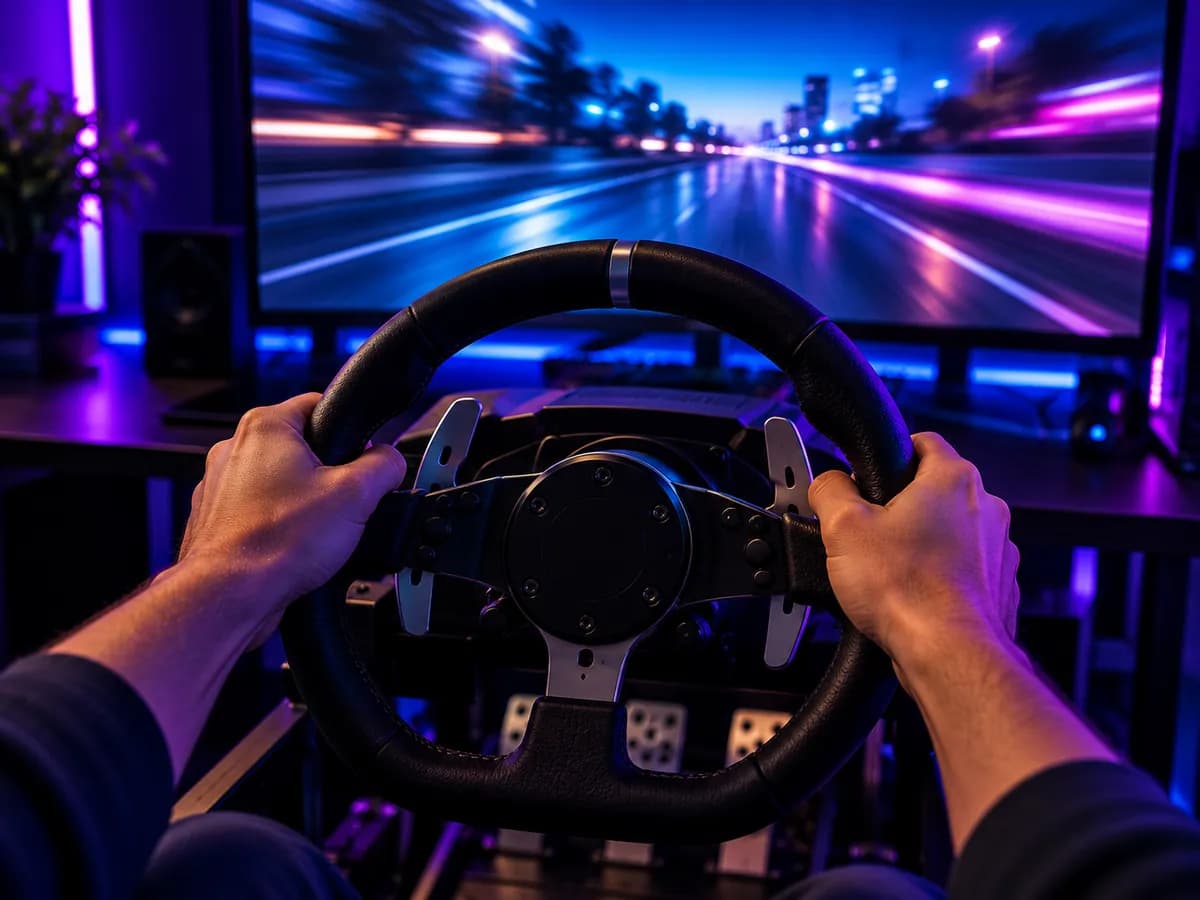 Hands on a racing simulator steering wheel in front of a screen