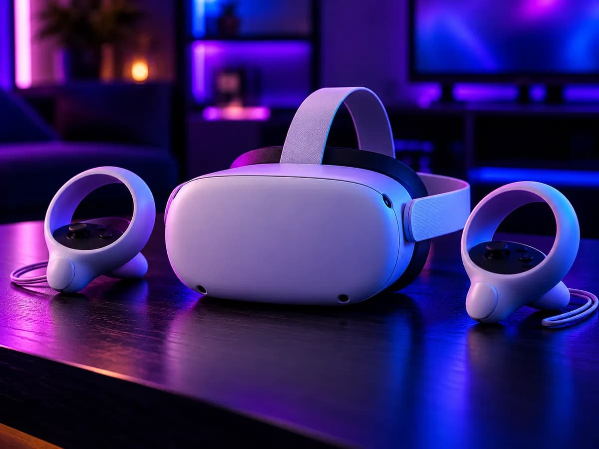 A VR headset and its two controllers on a table