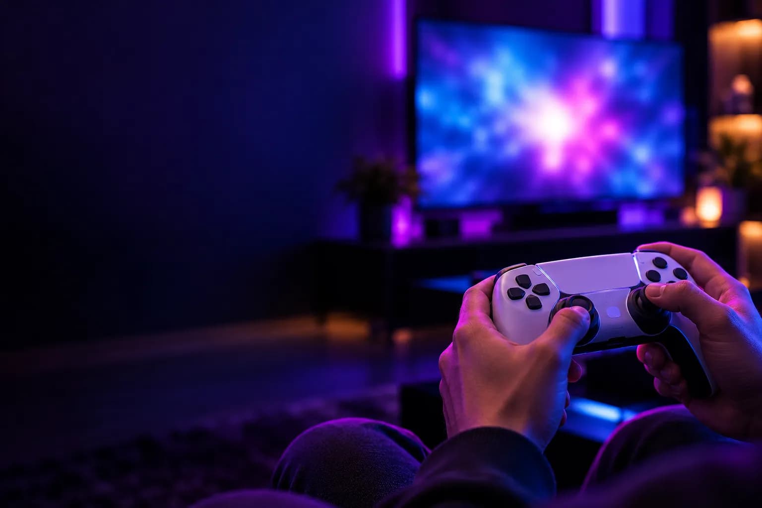 Hands holding a game controller in front of a glowing screen