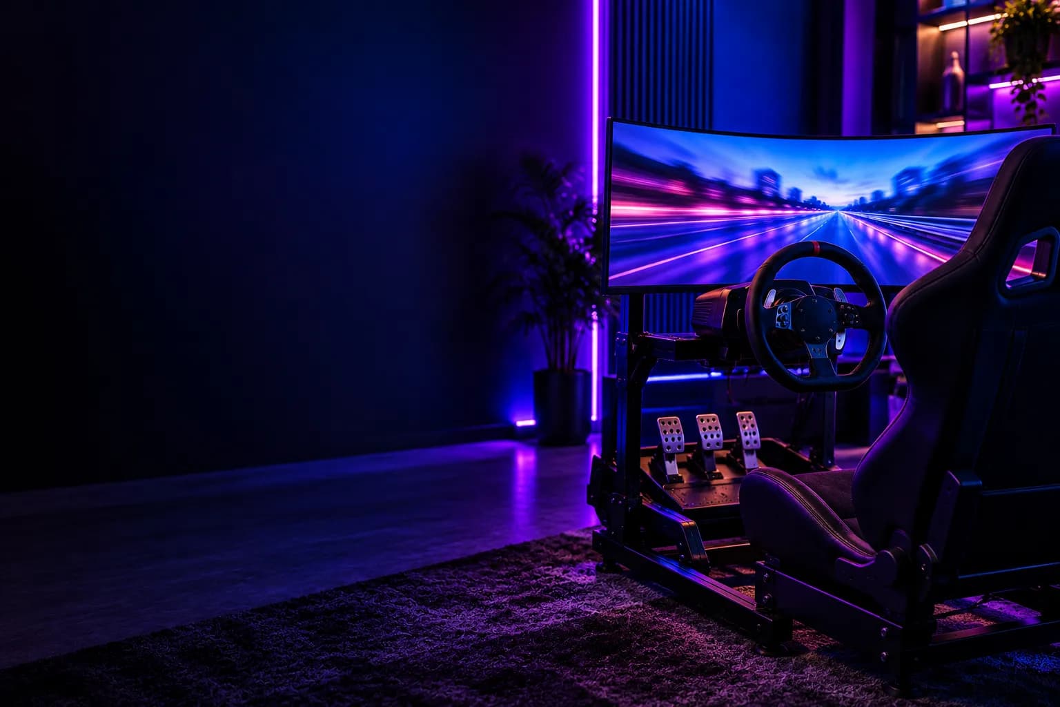 A racing simulator seat, steering wheel and pedals in front of a curved screen